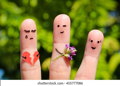 Finger Art Of Family. Man Gives Bouquet Of Flowers To Another Woman. Concept Of Cheating In Relationship. 