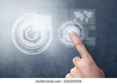 Finger of business person touch a circle in virtual screen on the wall which display the interface of world map and binary code. Digital technology concept