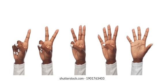 Finger Count, Gesture And People Concept - Hands Of African American Women Showing Fingers On White Background