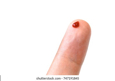 finger with a drop of blood on an isolated background. one finger with blood drop, isolated on white.