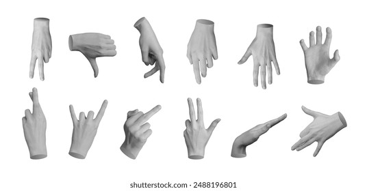 Finger gestures and symbols set. Thumb down, walking, touching, attacking, grabbing, crossing for luck, horns, rude, hand sign isolated on white background.