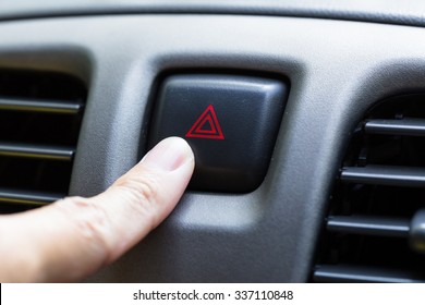 Finger Hitting Car Emergency Light Botton, Man Pressing Red Triangle Car Hazard Warning Button