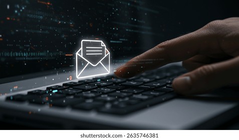A finger hovers above an illuminated email icon on a laptop keyboard, surrounded by digital code. The image evokes themes of connection and technology.