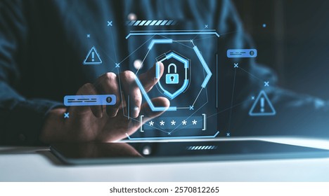 Finger interacting with glowing security interface, featuring lock and warning icons, on a dark background. Concept of cybersecurity