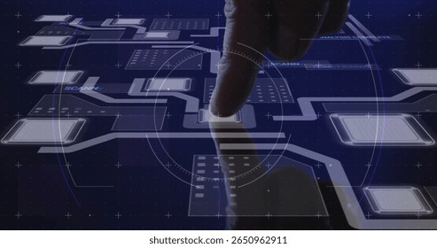 Finger interacting with touch screen, processing data image over digital interface. Technology, touchscreen, interaction, innovation, futuristic