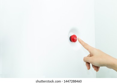 Finger Man Pushing Big Red Stop Alarm Panic Button With Finger.