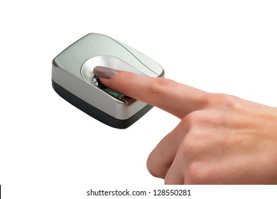 Finger On Biometric Scanner Isolated On White