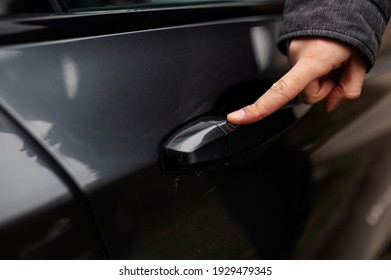 Finger On A Handle. Close-up Of Man  Opening A Car Door