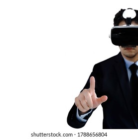 Finger Pointer On Air Action With Asian Man Wearing VR Glass Pointing On Digital Concept With Clipping Path