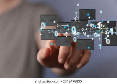 A finger pointing to 3d floating massage envelop icons - a concept of connection, networking
