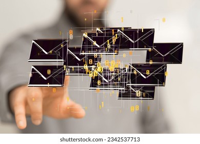 A finger pointing to 3d floating massage envelop icons - a concept of connection, networking