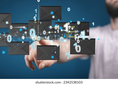 A finger pointing to 3d floating massage envelop icons - a concept of connection, networking