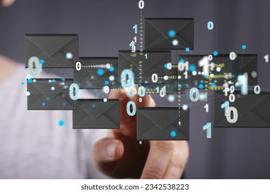 A finger pointing to 3d floating massage envelop icons - a concept of connection, networking