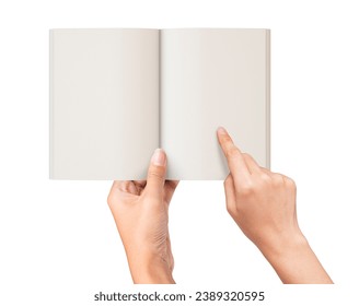 Finger pointing and holding blank book or magazine. Mockup book blank paper space isolated on white background. Media for presentation promotional, reading open blank book story. - Powered by Shutterstock