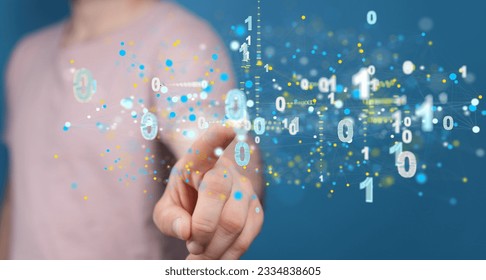 A finger pointing on a 3d floating digital illustration of numbers of binary code