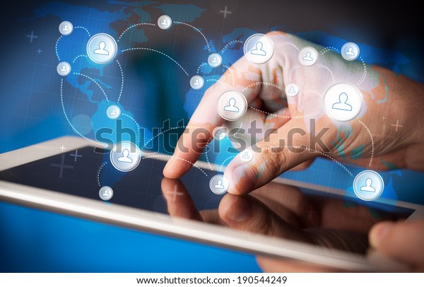 Finger\
pointing on tablet pc, social network\
concept