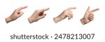 Finger pointing, pointer sign. Gesture with index indicating. Hand showing, touch, tap, click. Isolated on white background. Press screen position. Different angles, forefinger set