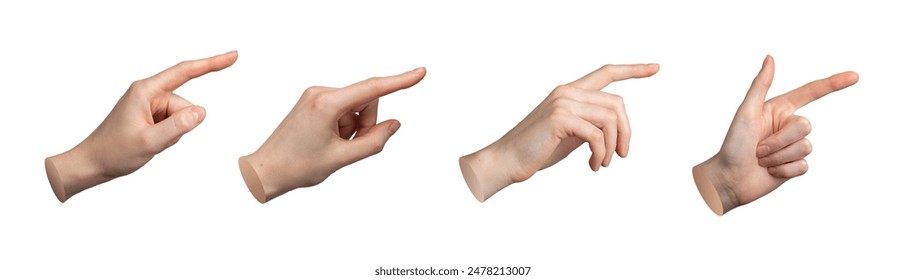 Finger pointing, pointer sign. Gesture with index indicating. Hand showing, touch, tap, click. Isolated on white background. Press screen position. Different angles, forefinger set - Powered by Shutterstock