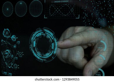 The finger presses the element of the holographic interface of the control system of artificial intelligence and voice assistant. Virtual reality hologram of manual control of machine learning.