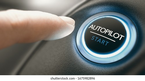 Finger Pressing An Autopilot Button In A Self Driving Car. Composite Image Between A Hand Photography And A 3D Background.
