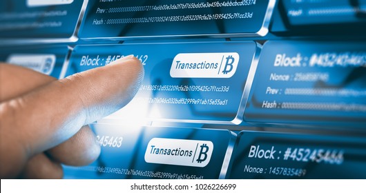 Finger pressing a block chain block with the text transaction, a bitcoin symbol and security sha256 algorithm hach. Composite between a hand photography. - Shutterstock ID 1026226699