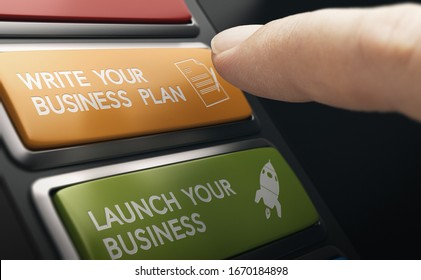 Finger pressing a button with the text write your business plan. Entrepreneuship concept. Composite image between a hand photography and a 3D background.