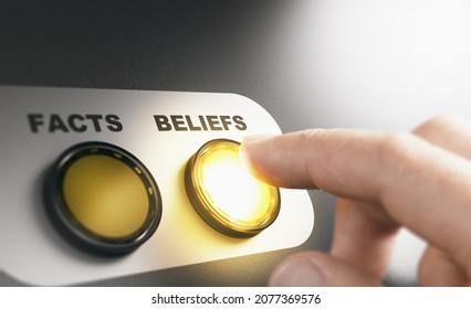 Finger pressing a button with the word beliefs intead of facts during a cognitive psychological experiment. Composite image between a hand photography and a 3D background. - Shutterstock ID 2077369576