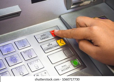 The Finger Is Pressing The Cancel Button At The ATM.