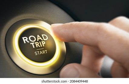 Finger Pressing A Car Button With The Text Road Trip Start. Roadtrip Concept. Composite Image Between A Hand Photography And A 3D Background.