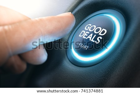 Finger pressing a car start button with the text good deals. Concept of automotive offers and discounts. Composite between a photography and a 3D background. Horizontal image