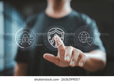 Finger pressing cybersecurity interface with cloud lock and global shield icons