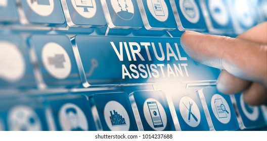 Finger pressing a digital button with the text virtual assistant. Concept of personal PA services. Composite between a hand photography and a 3D background - Shutterstock ID 1014237688
