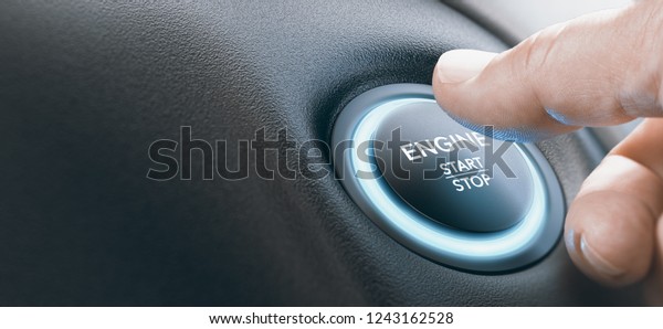 Finger
pressing an engine start button with blue color. Composite image
between a hand photography and a 3D
background.