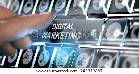 Finger pressing a futuristic interface with the text digital marketing. Concept of online business. Composite between a photography and a 3D background