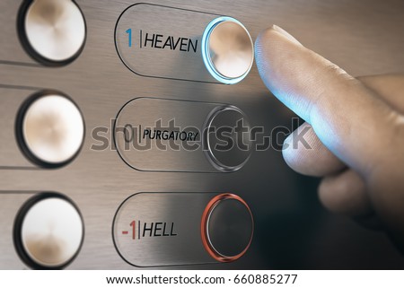 Finger pressing heaven button instead of purgatory or hell. Catholic beliefs concept. Composite image between a hand photography and a 3D background.