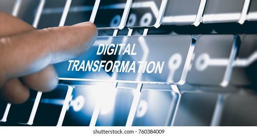 Finger pressing an interface with the text digital transformation. Concept of digitization of business processes. Composite between a photography and a 3D background