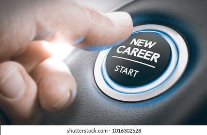 Finger pressing a new career start button. Concept of occupational or professional retraining or job opportunities. Composite between a hand photography and a 3D background