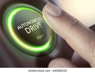 Finger pressing a push button to start a self-driving car. Composite image between a hand photography and a 3D background.