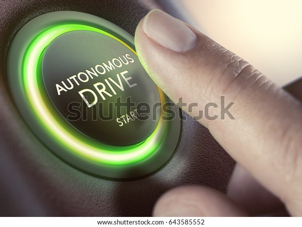 Finger
pressing a push button to start a self-driving car. Composite image
between a hand photography and a 3D
background.