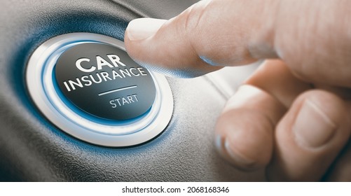 Finger pressing a push button where it is written the text car insurance start. Concept of insured person. Composite image between a hand photography and a 3D background. - Shutterstock ID 2068168346