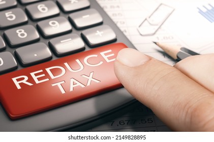 Finger pressing a red button with the text reduce tax. Lowering taxable income. Financial concept. Composite image between a hand photography and a 3D background.