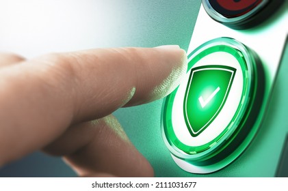 Finger pressing shield button to enable firewall. Composite image between a hand photography and a 3D background.