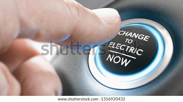 Finger pressing a start button with the\
message change to electric now. Composite image between a hand\
photography and a 3D\
background.