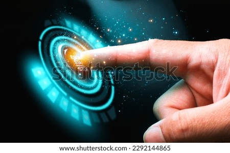 Finger pressing virtual button with future technology concept on dark background.