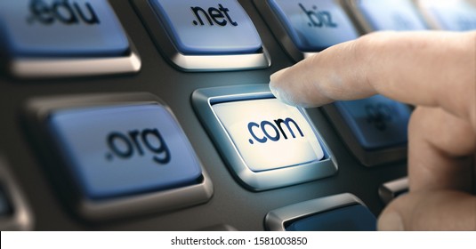 Finger pushing a button on a conceptual dashboard with domain extensions. Composite image between a finger photography and a 3D background. - Shutterstock ID 1581003850