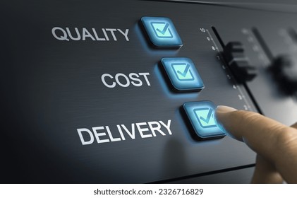 Finger pushing a button on a console. Operational management. Quality, cost and delivery. 
