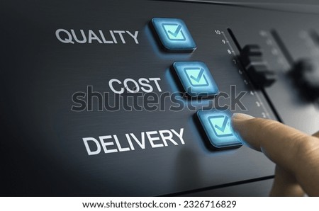 Finger pushing a button on a console. Operational management. Quality, cost and delivery. 