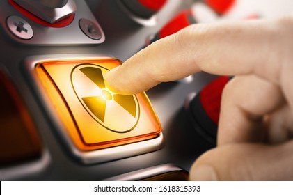 Finger pushing a nuclear button. Concept of uranium enrichment and radioactivity. Composite image between a hand photography and a 3D background.