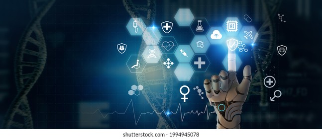 Finger Robot  Touch On Virtual Screen Of Insurance Technology, Health Family Car Money Travel, Insurtech Concept To Use AI For  Customer Analysis, Customize Service. Future Insurance Industry Growing