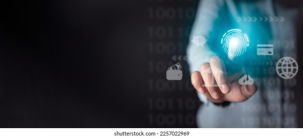 finger scanning processing of biometric identification fingerprint scanner. concept of surveillance and security scanning of digital programs cyber futuristic applications